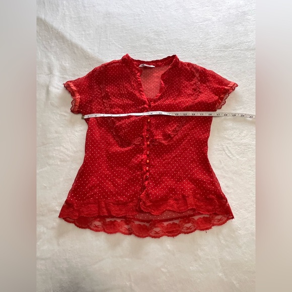 TRAMP Red Sheer Button Down Polka Dot Women’s Blouse Shirt Sz S EUC - Picture 5 of 6